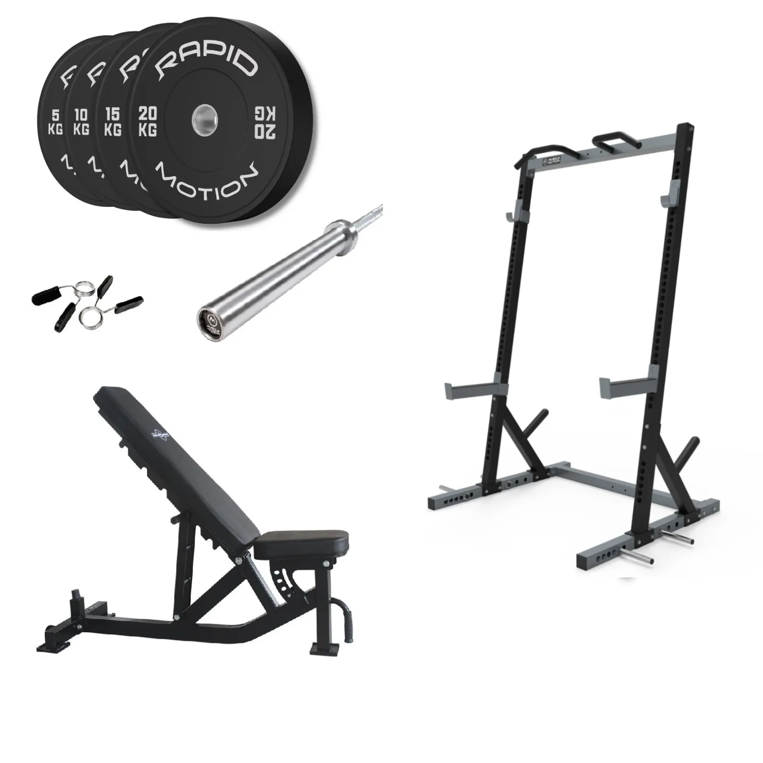 Muscle Motion Package Deal 23 - Half Rack, Adjustable Bench, Barbell and 100KG Bumper Plate Set