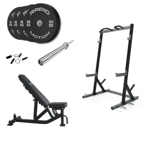 Muscle Motion Package Deal 23 - Half Rack, Adjustable Bench, Barbell and 100KG Bumper Plate Set